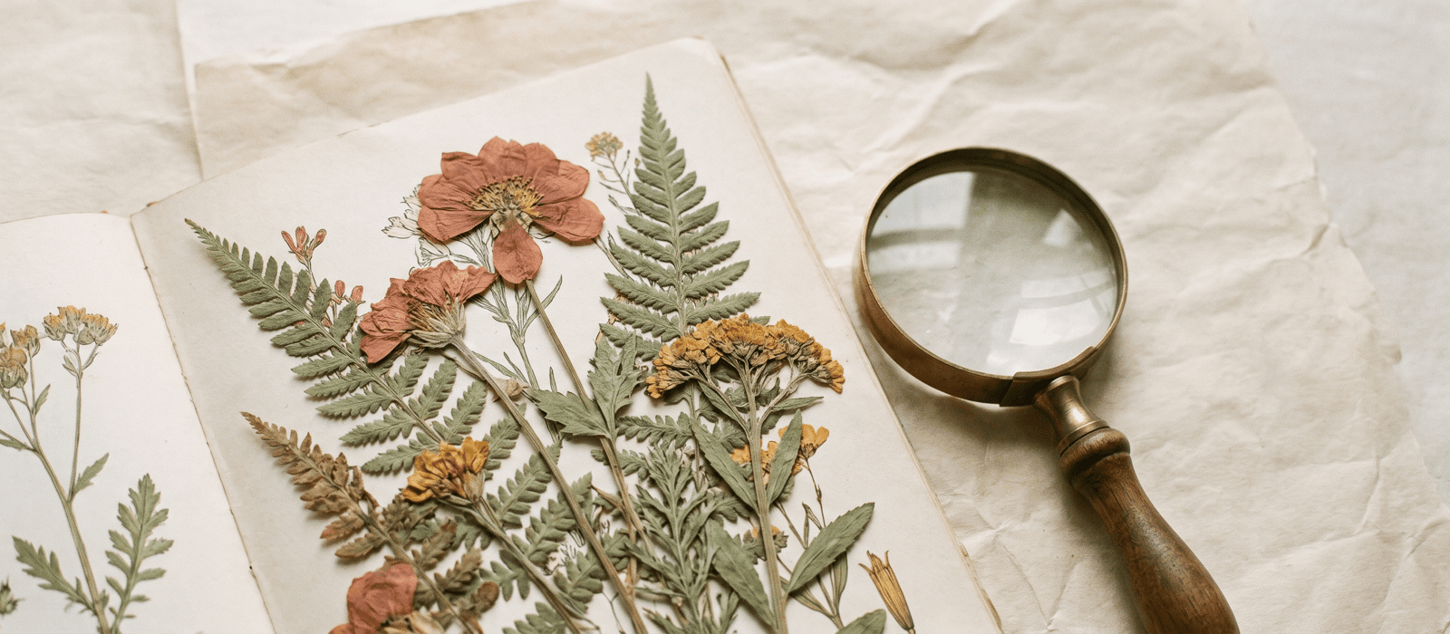 Mixed pressed botanicals and a hand lens on an open field-guide page