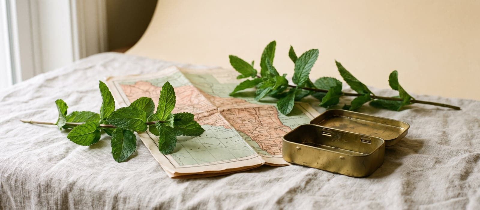 Peppermint sprigs, a folded map, and a small travel tin on linen
