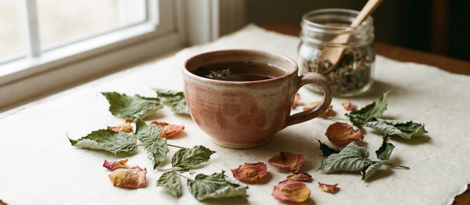 Raspberry leaves, dried rose petals, and a warm teacup on cream paper