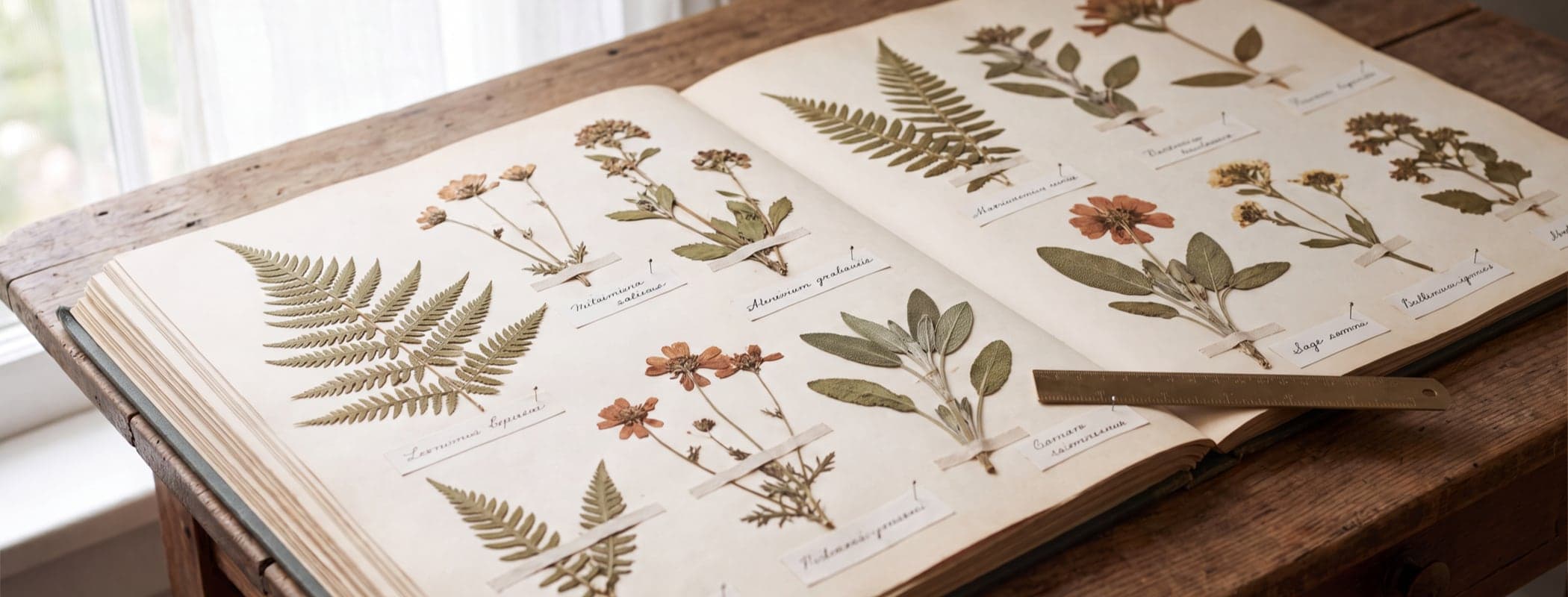 Herbarium spread of labelled pressed plants arranged in a grid on cream paper