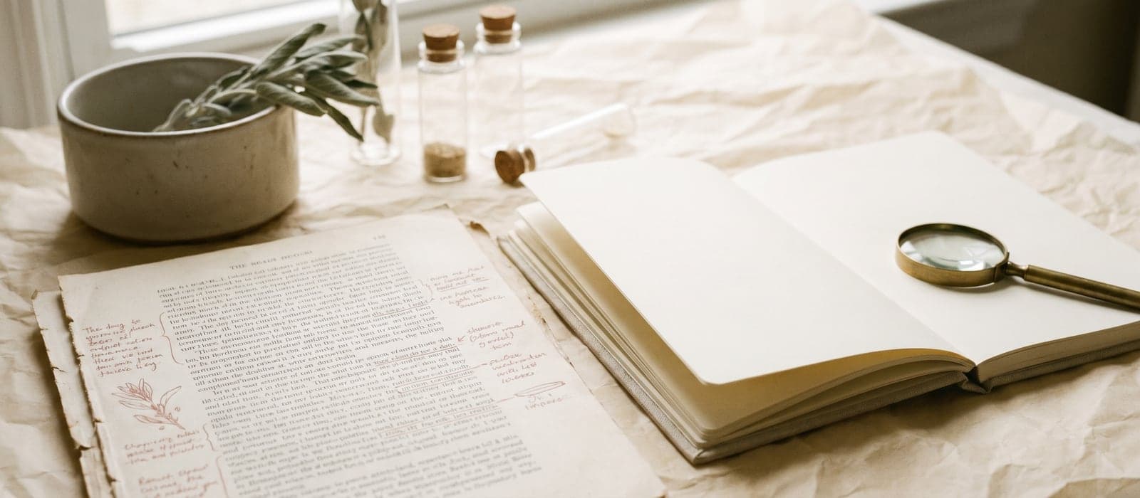 Annotated printout beside a notebook and magnifying glass on cream paper