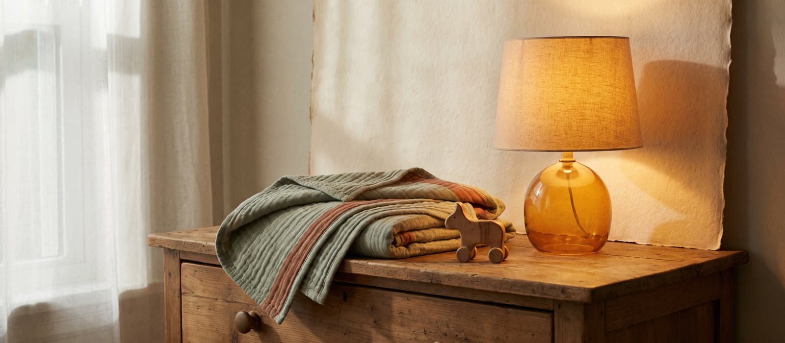 Soft muslin blanket, wooden toy, and a warm lamp on a dresser
