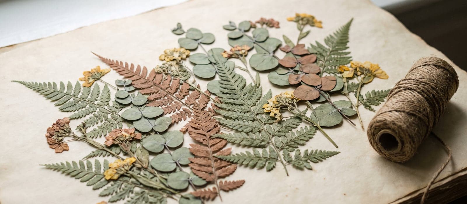 Overlapping groups of pressed botanicals on cream archival paper