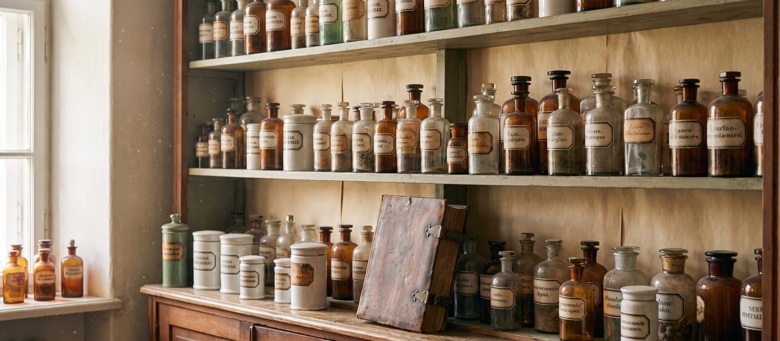 Antique apothecary shelf with old labeled bottles and a leather book