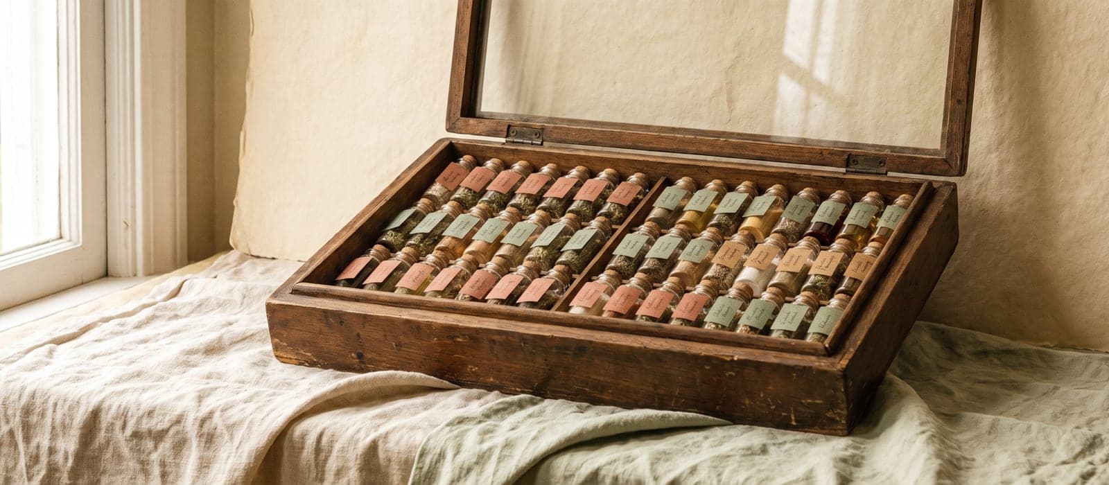 Wooden case with rows of small corked glass vials on folded linen