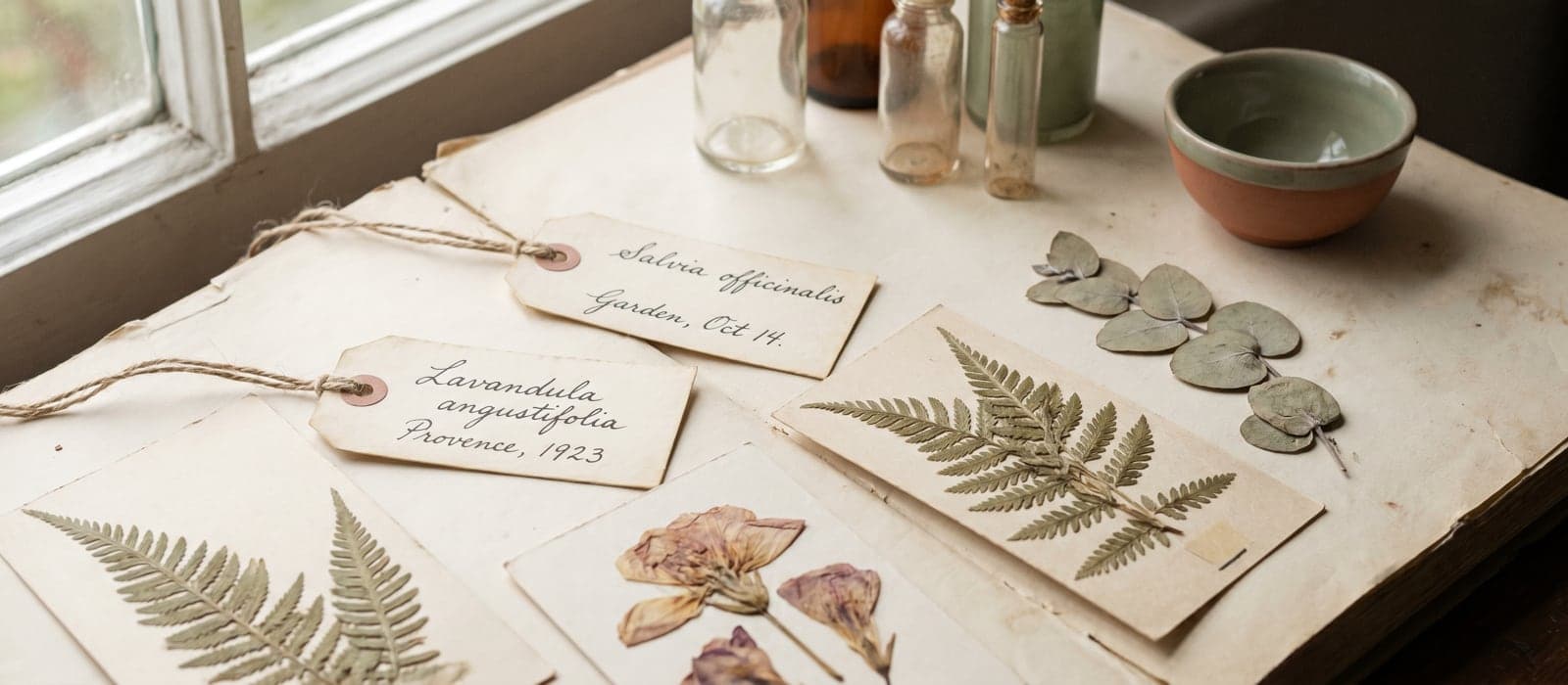 Handwritten specimen labels beside pressed plants, seen up close