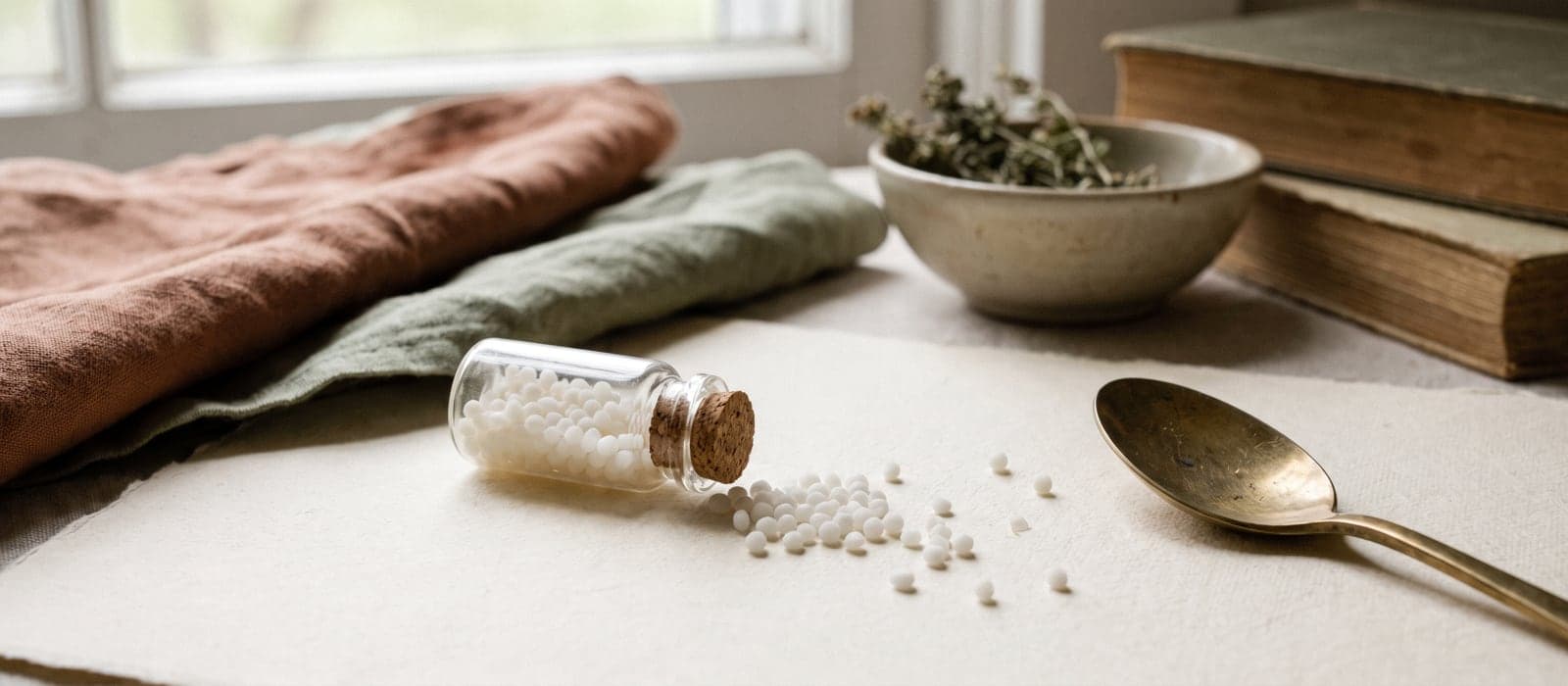 Tiny white pellets spilling from a corked vial with a brass spoon