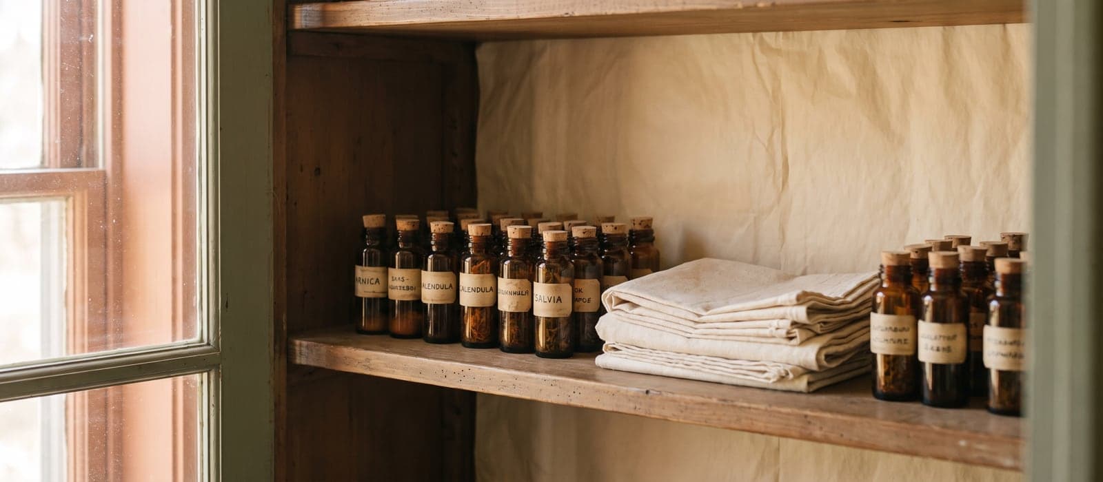 Cupboard shelf with rows of small labeled vials and folded cloth
