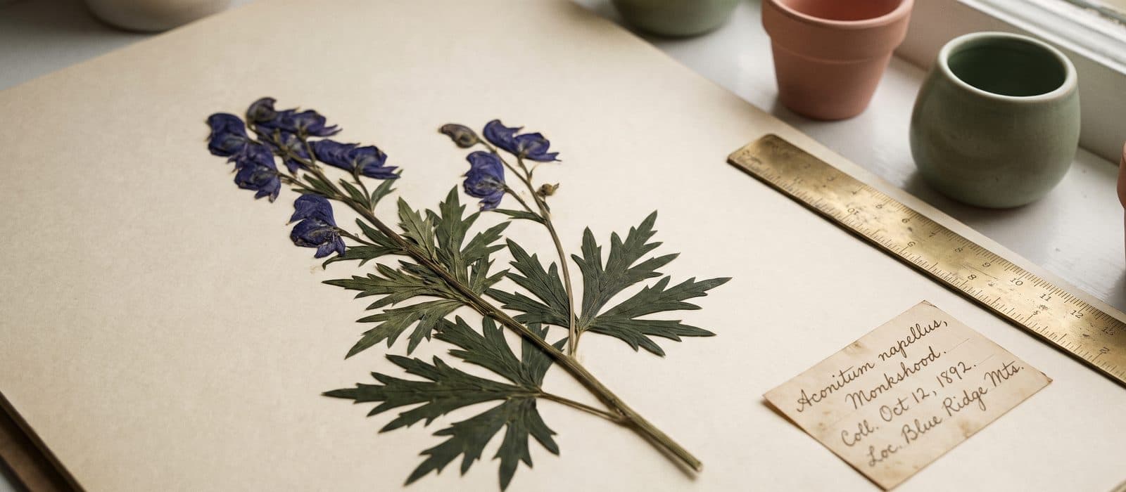 Pressed herbarium specimen of monkshood with hooded blue-purple flowers