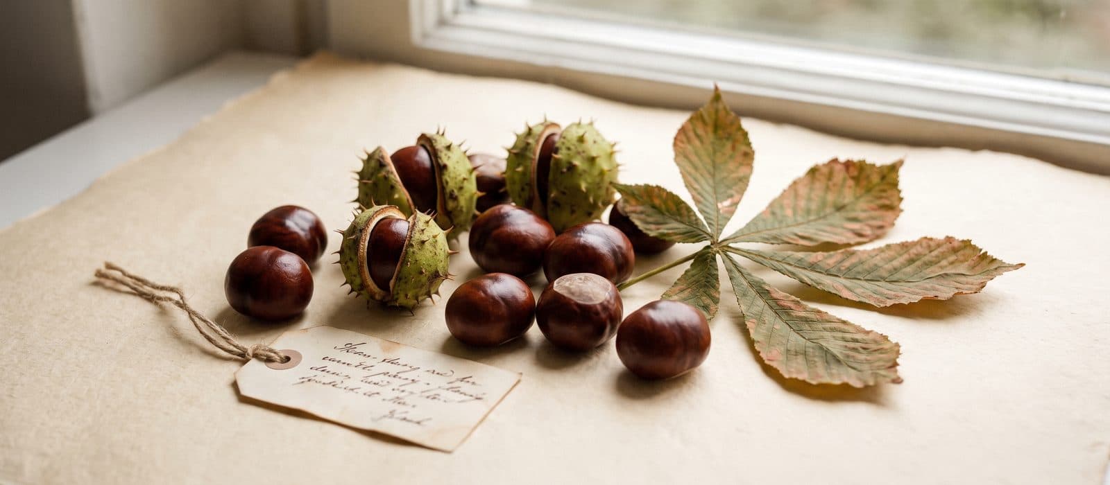 Glossy horse chestnuts and spiky husks on cream paper