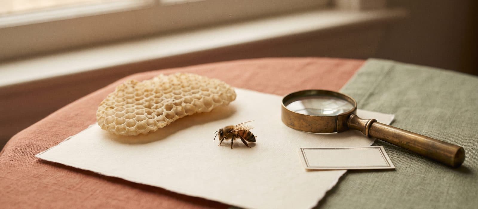 A single preserved honeybee beside a fragment of empty wax honeycomb under a brass hand lens
