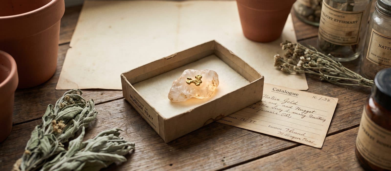 Small gold nugget in a labelled specimen tray