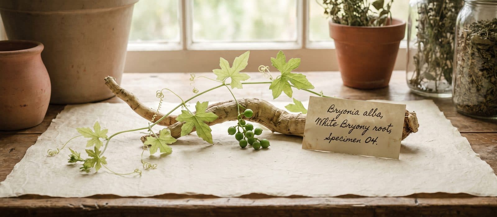White bryony vine with tendrils, lobed leaves and red berries on cream paper