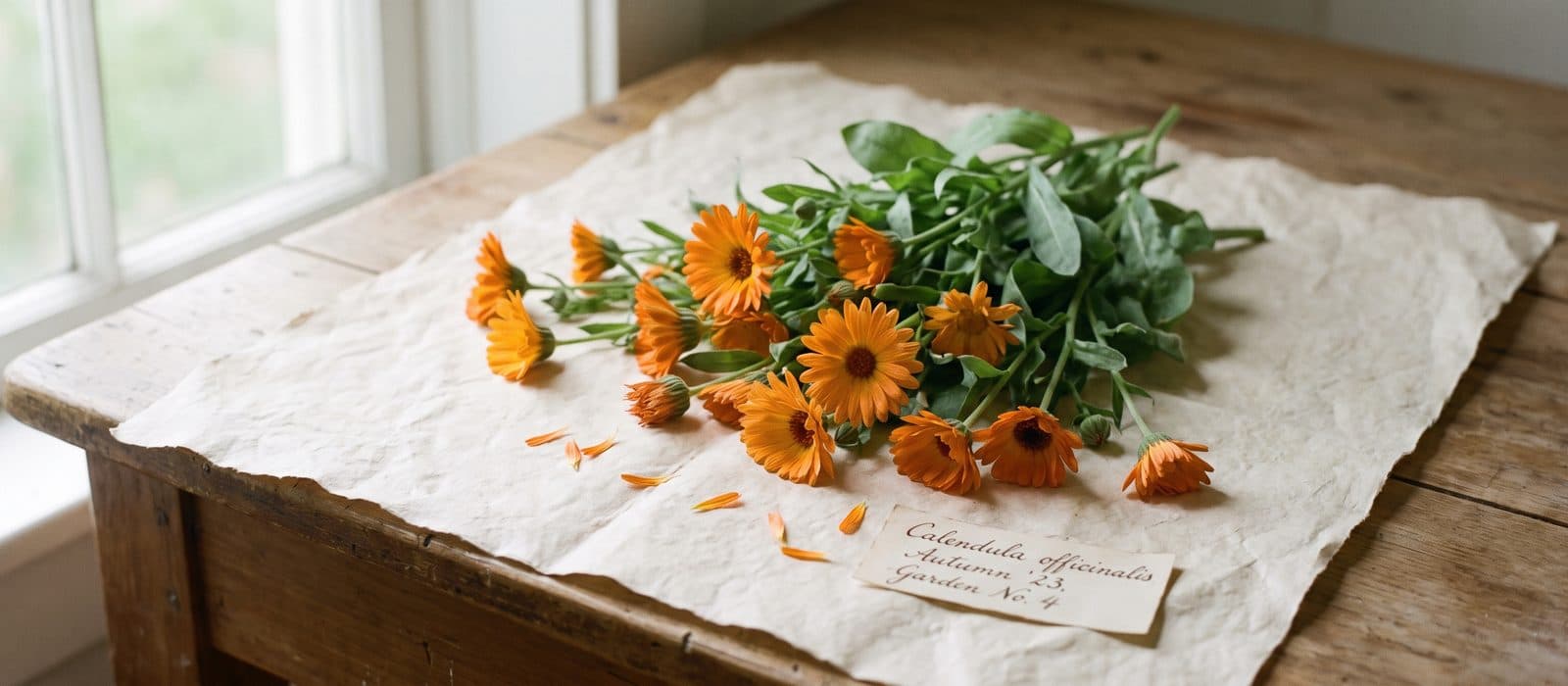 Bright orange marigold flowers on cream paper