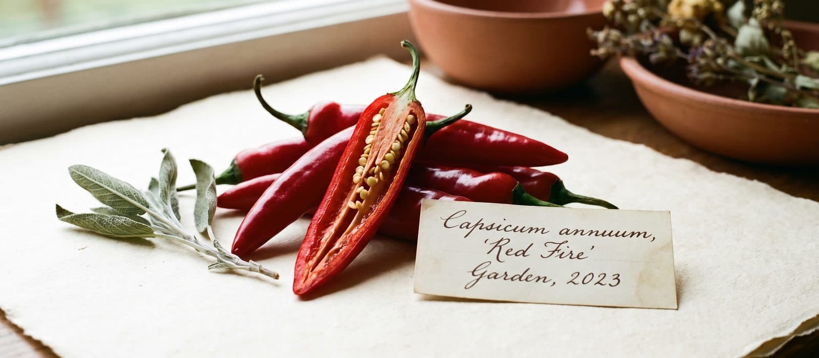 Red chilli peppers on cream paper