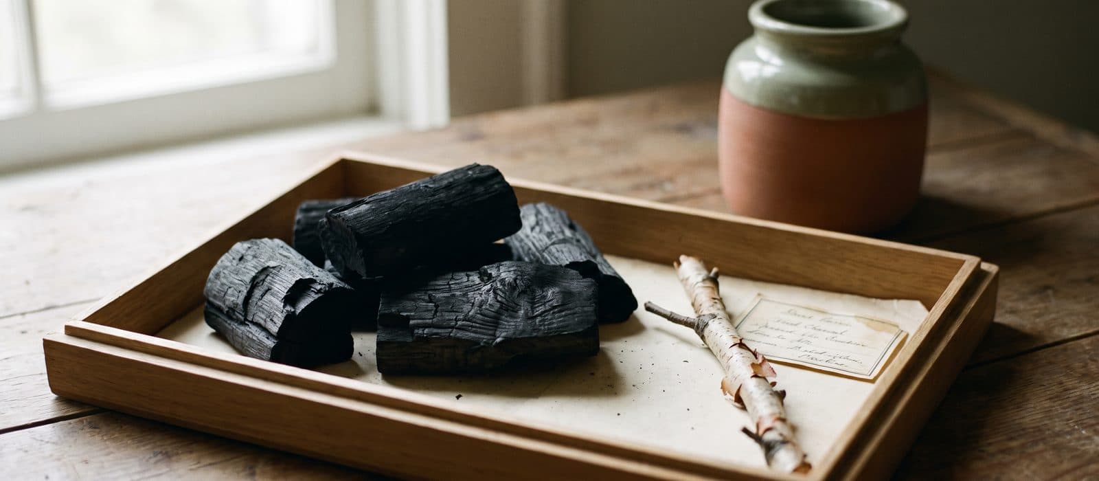 Pieces of wood charcoal in a specimen tray