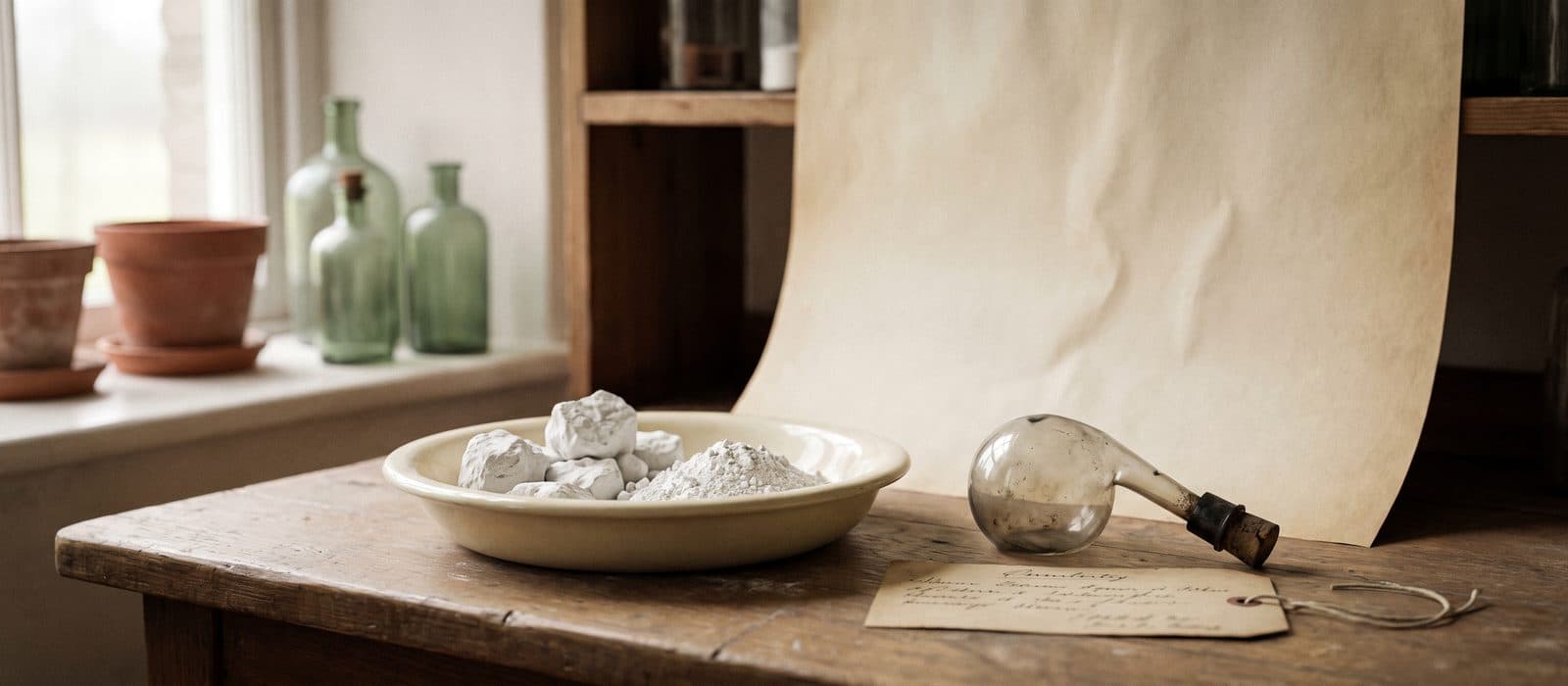 Pieces of slaked lime and a glass retort in an antique chemist's still life
