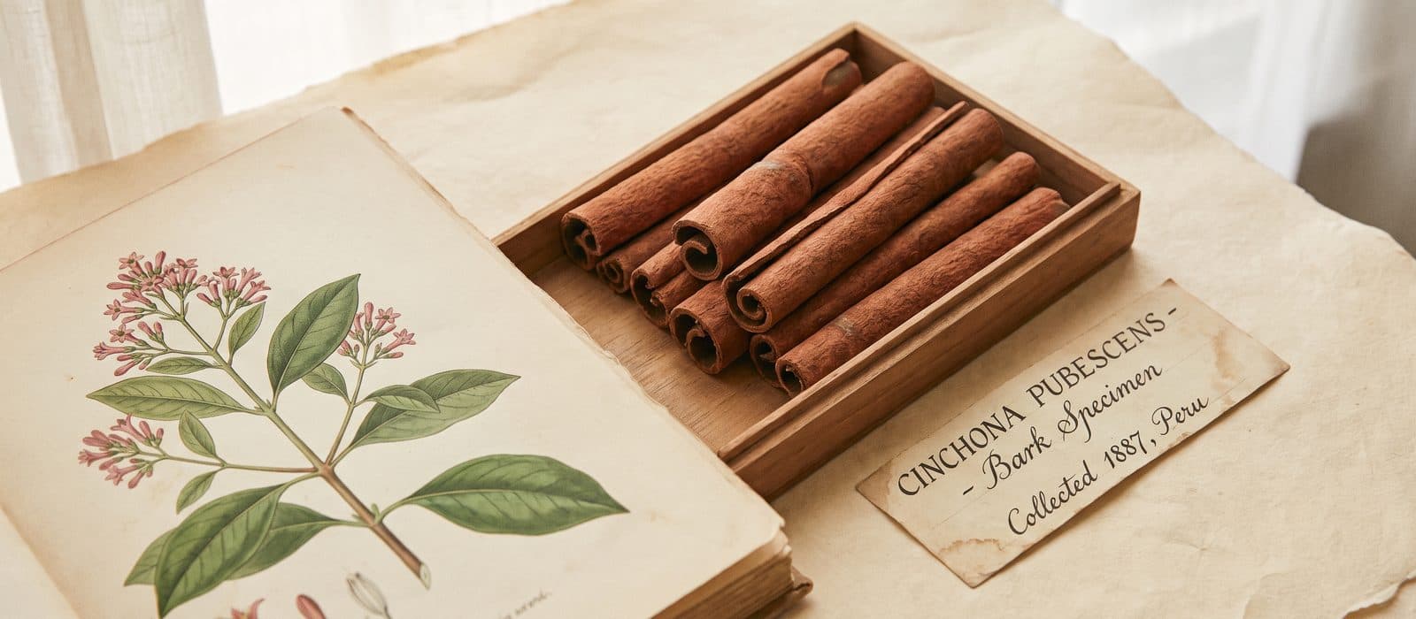 Curled strips of cinchona bark beside a botanical drawing of the tree
