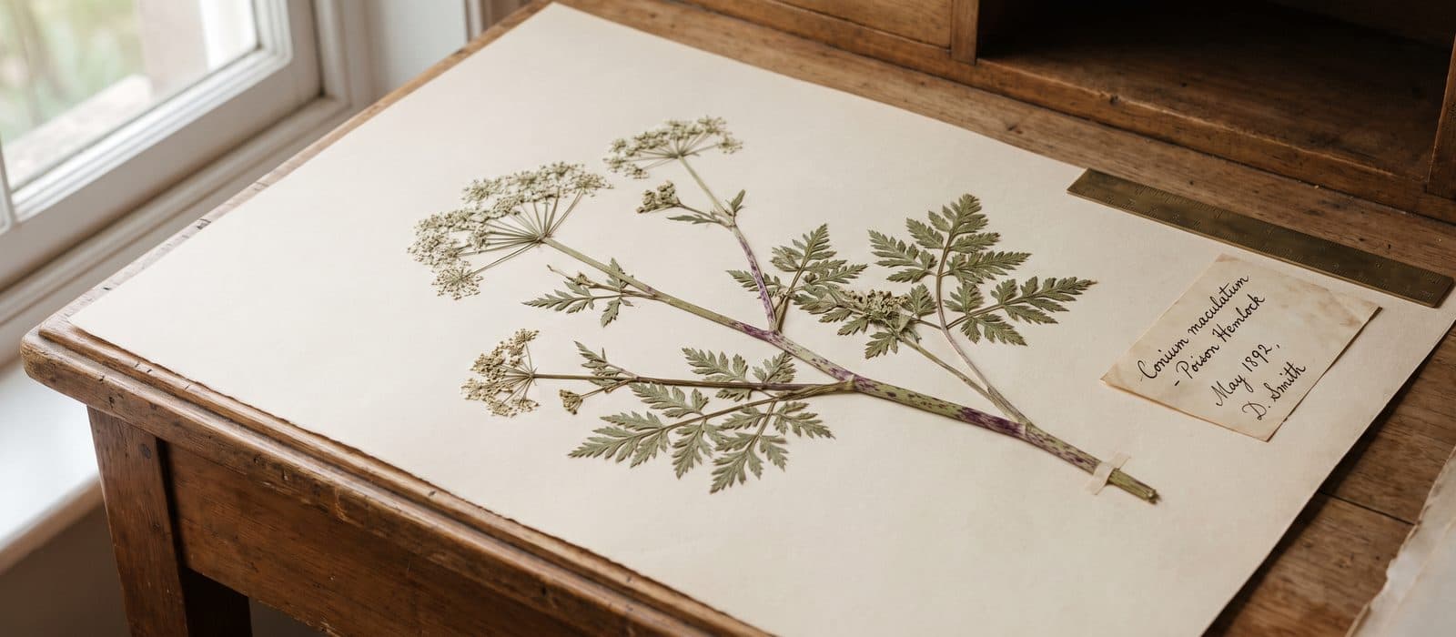 Pressed herbarium specimen of hemlock with white umbels