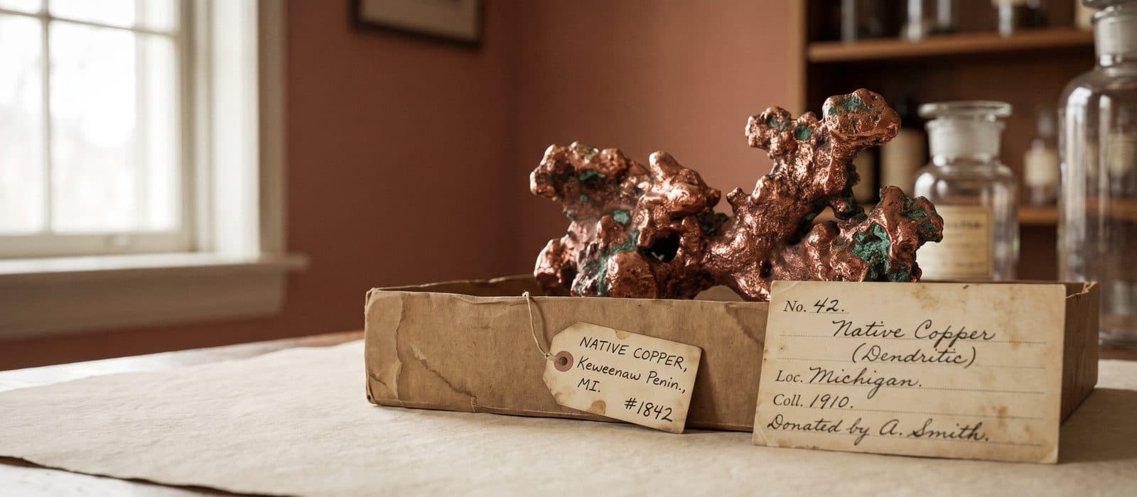 Native copper nugget with a warm metallic sheen in a specimen tray