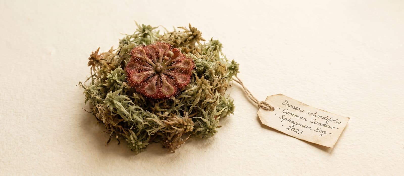 Round-leaved sundew with glistening red tentacles on moss