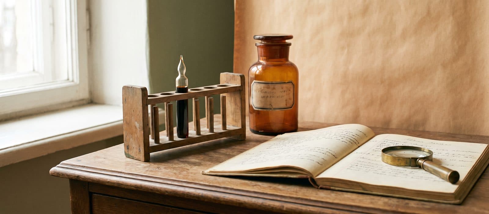 Antique sealed laboratory glassware and a handwritten notebook