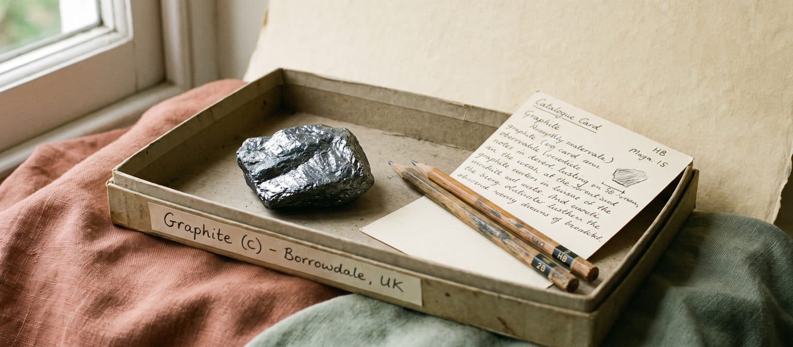 Dark lustrous graphite specimen beside graphite pencils