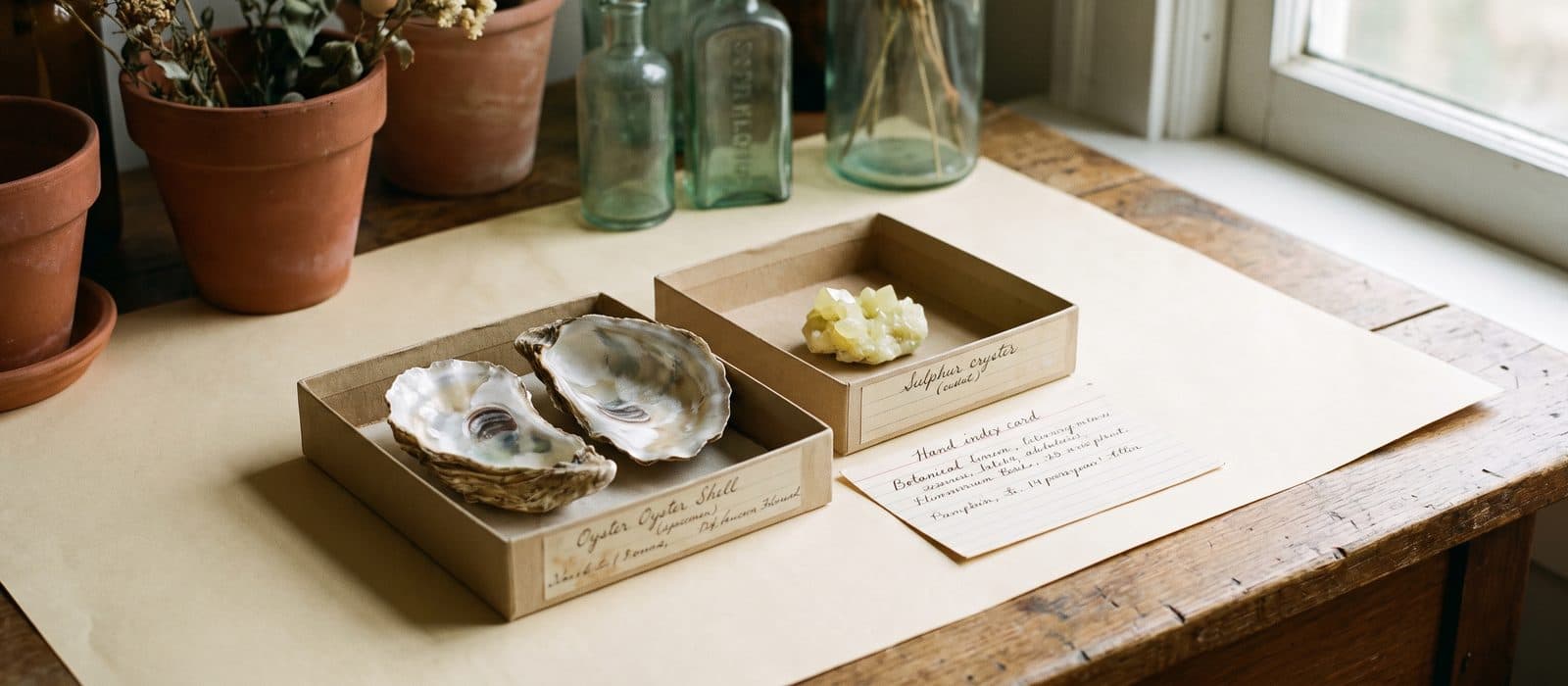 Oyster shell halves beside yellow sulphur crystals in specimen trays
