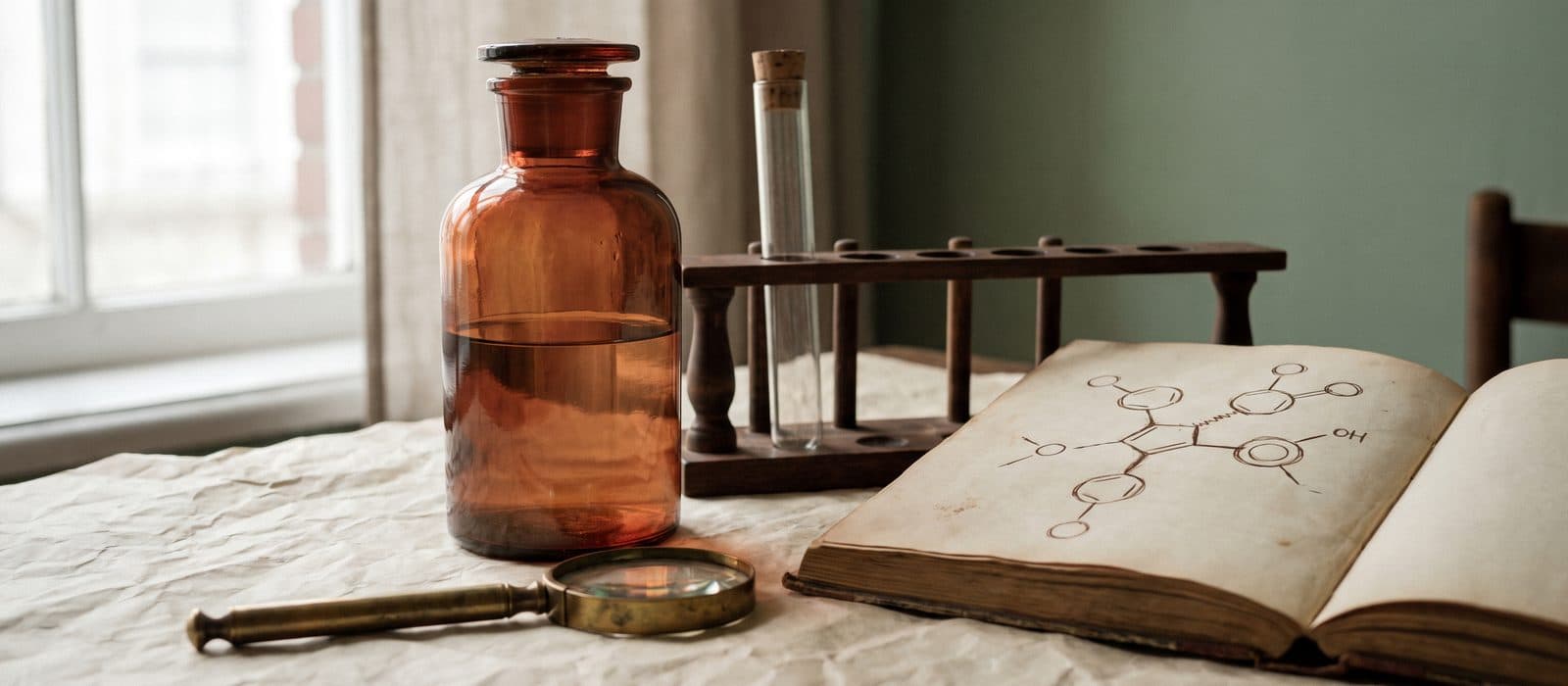 Antique laboratory glassware and a handwritten chemistry notebook