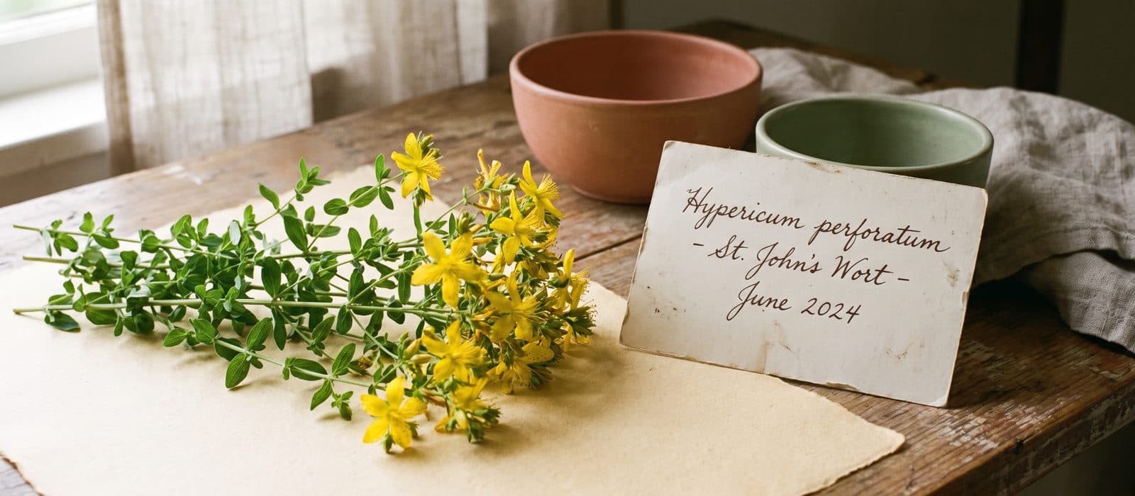 St John's wort with bright yellow star-shaped flowers on cream paper