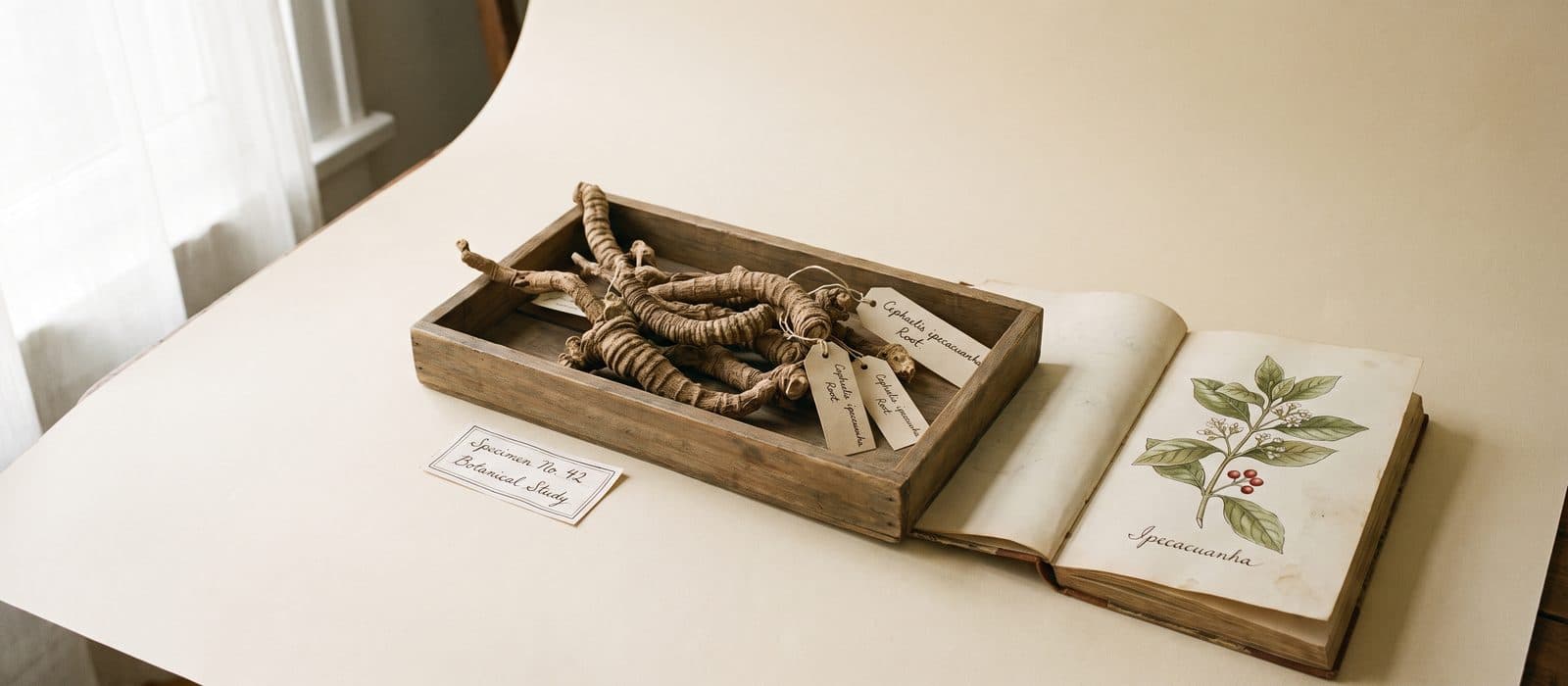 Ringed ipecac roots beside a botanical drawing of the plant