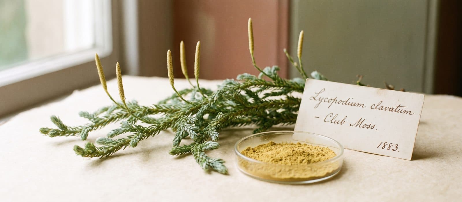 Trailing stems of club moss with upright yellow spore cones on cream paper