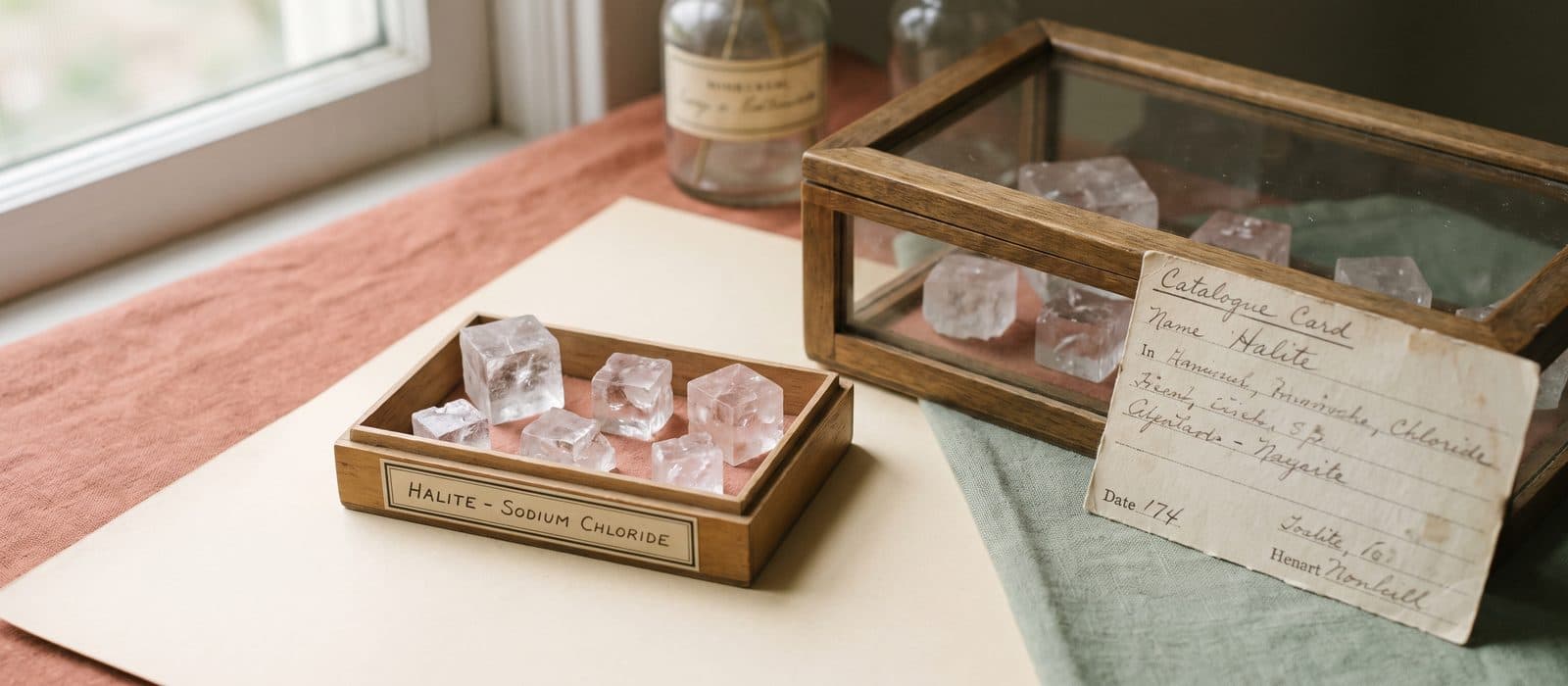 Cubic crystals of rock salt in a small specimen tray