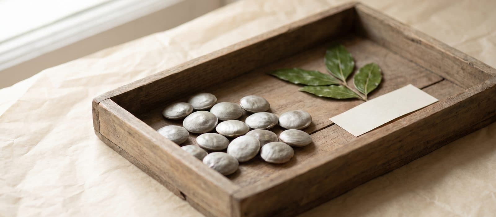 Flat, silvery-grey Strychnos nux-vomica seeds in a specimen tray beside a pressed leaf sprig