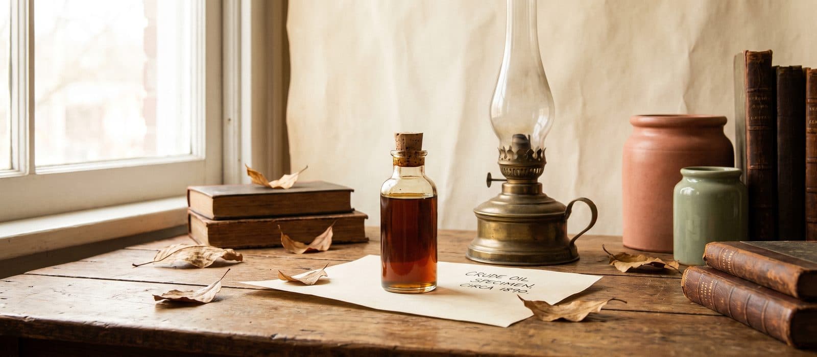 Antique glass bottle of dark crude oil beside an oil lamp