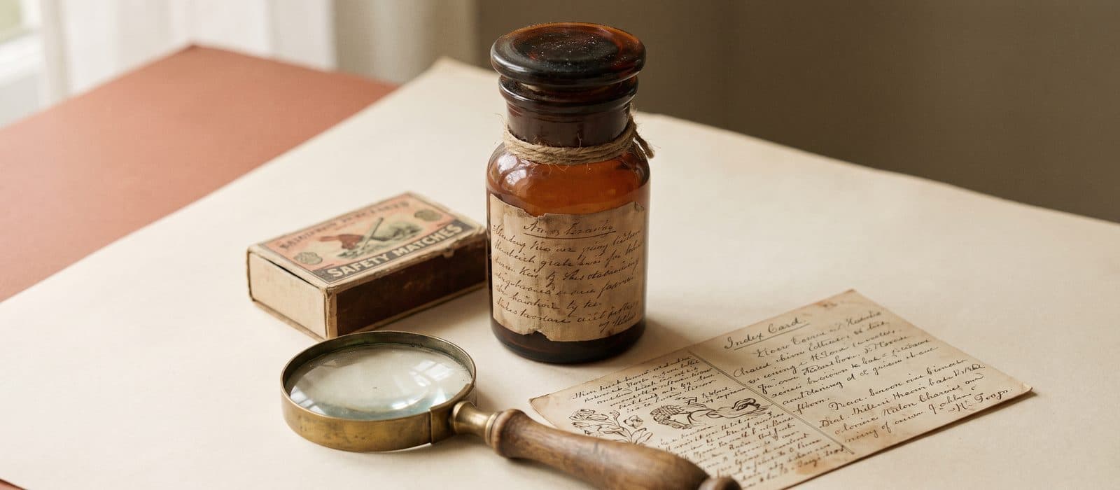 Antique labelled chemist's glass jar beside a matchbox and specimen card