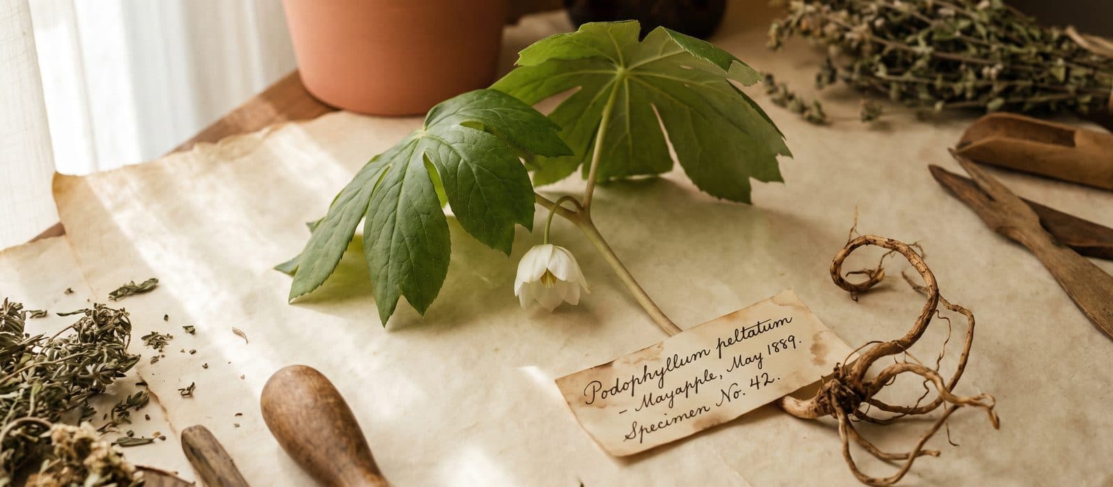 Mayapple with umbrella-like leaves and a nodding white flower