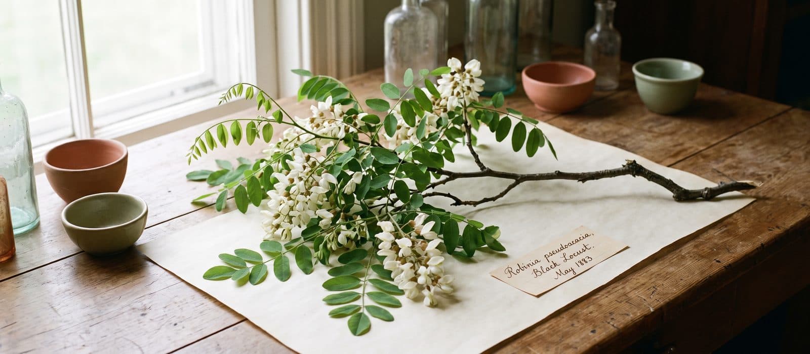 Black locust branch with hanging white flower clusters
