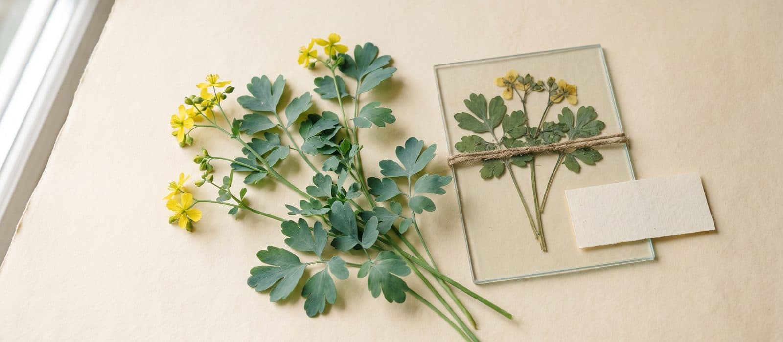 Sprigs of rue with blue-green lobed leaves and small yellow flowers on cream paper