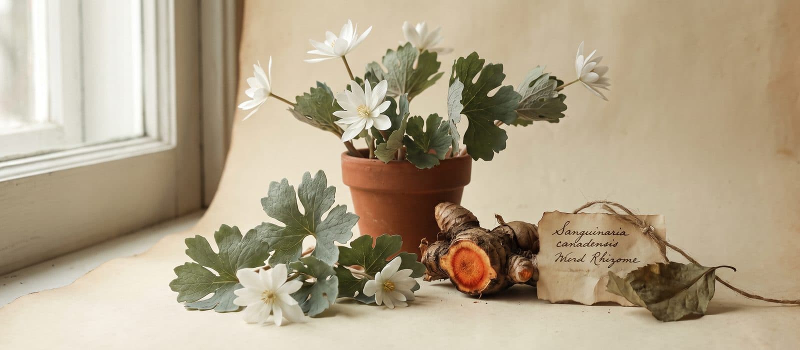 Bloodroot with white flowers and a cut orange-red root