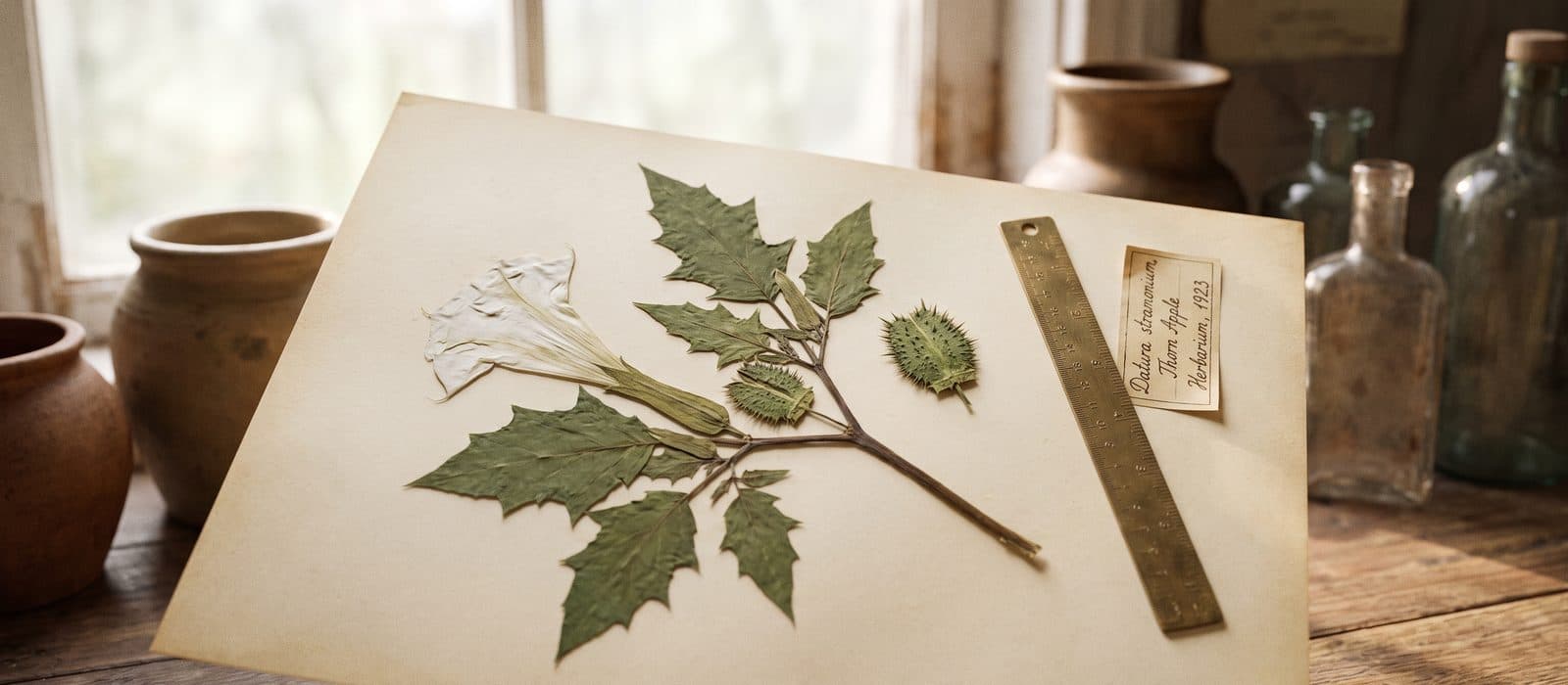 Pressed herbarium specimen of thorn apple with a white trumpet flower and spiny seed pod
