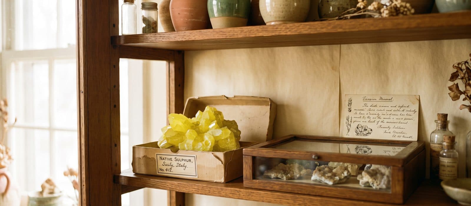 Bright yellow native sulphur crystals in a labelled museum specimen tray