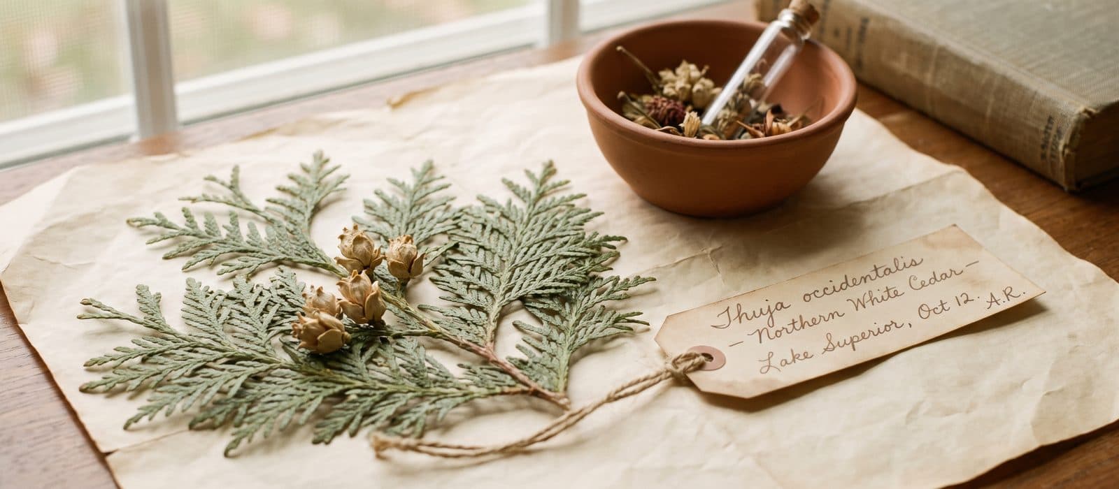 Flat sprays of white cedar foliage with small cones on cream paper