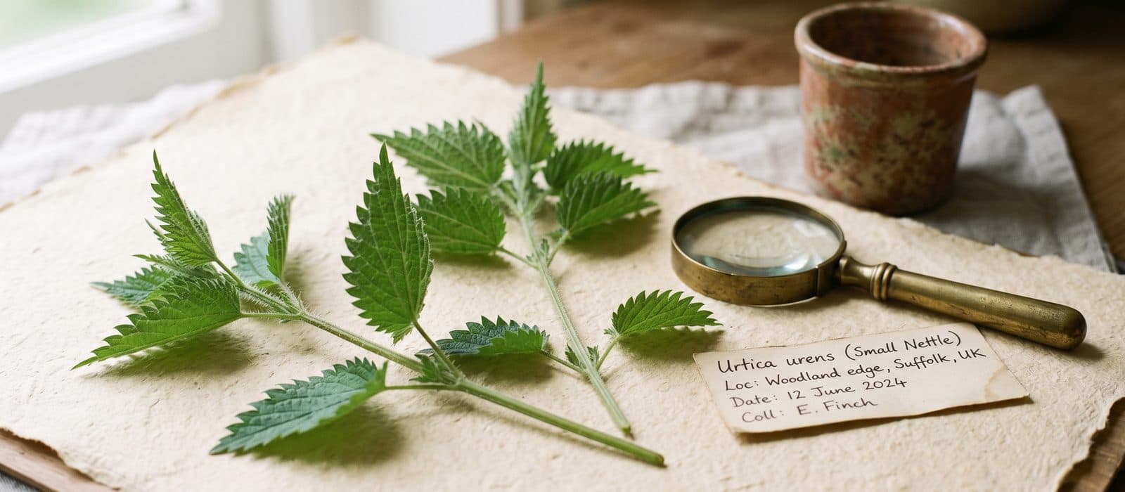 Small stinging nettle stems with toothed leaves on cream paper