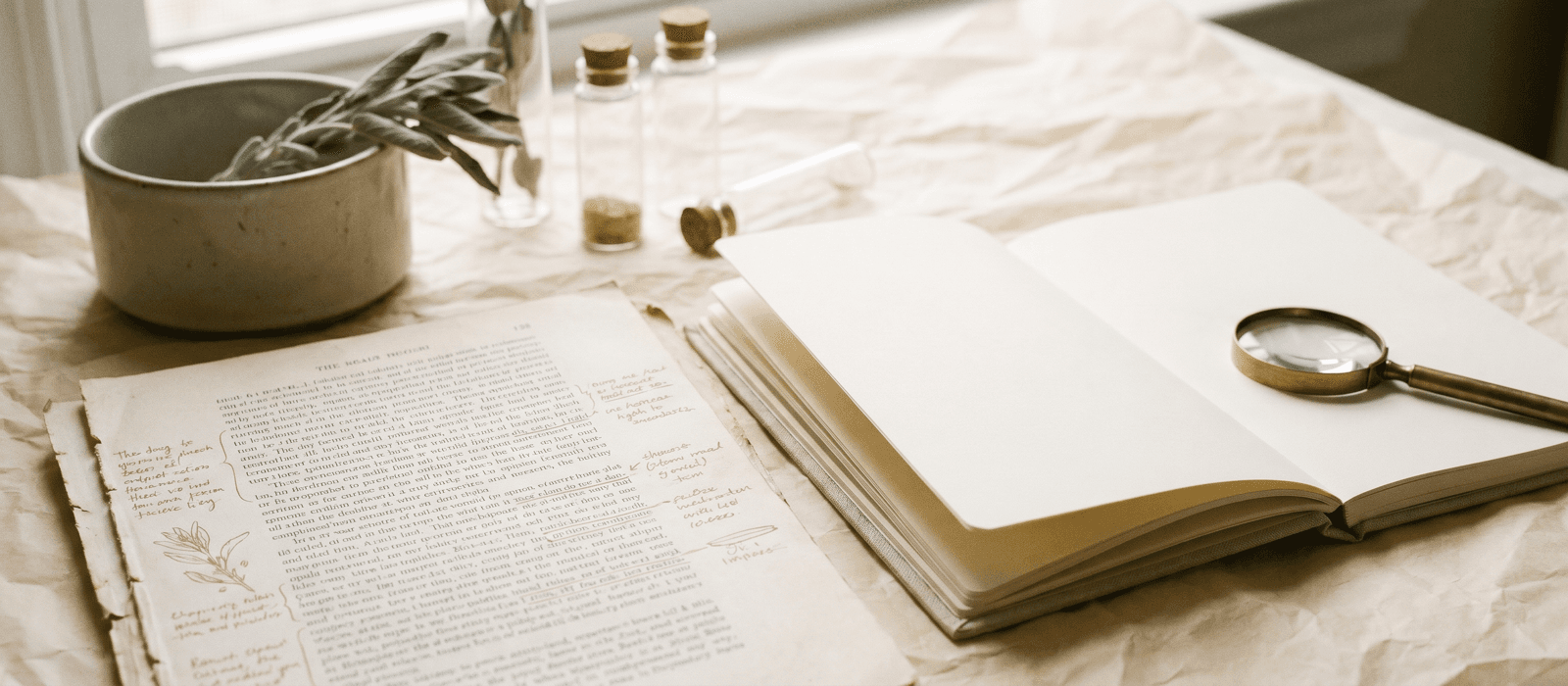 Annotated printout beside a notebook and magnifying glass on cream paper