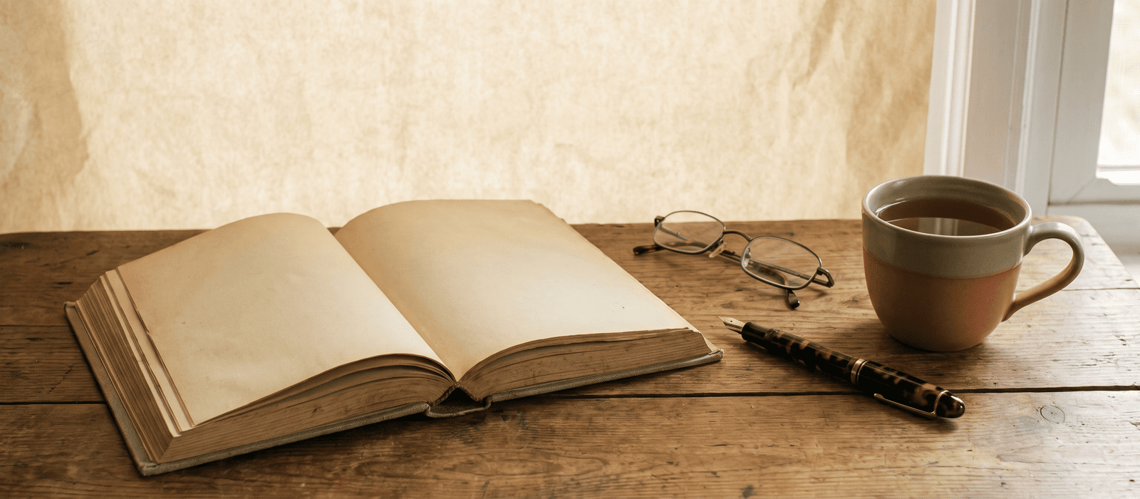 Open casebook with fountain pen, reading glasses, and tea on a desk