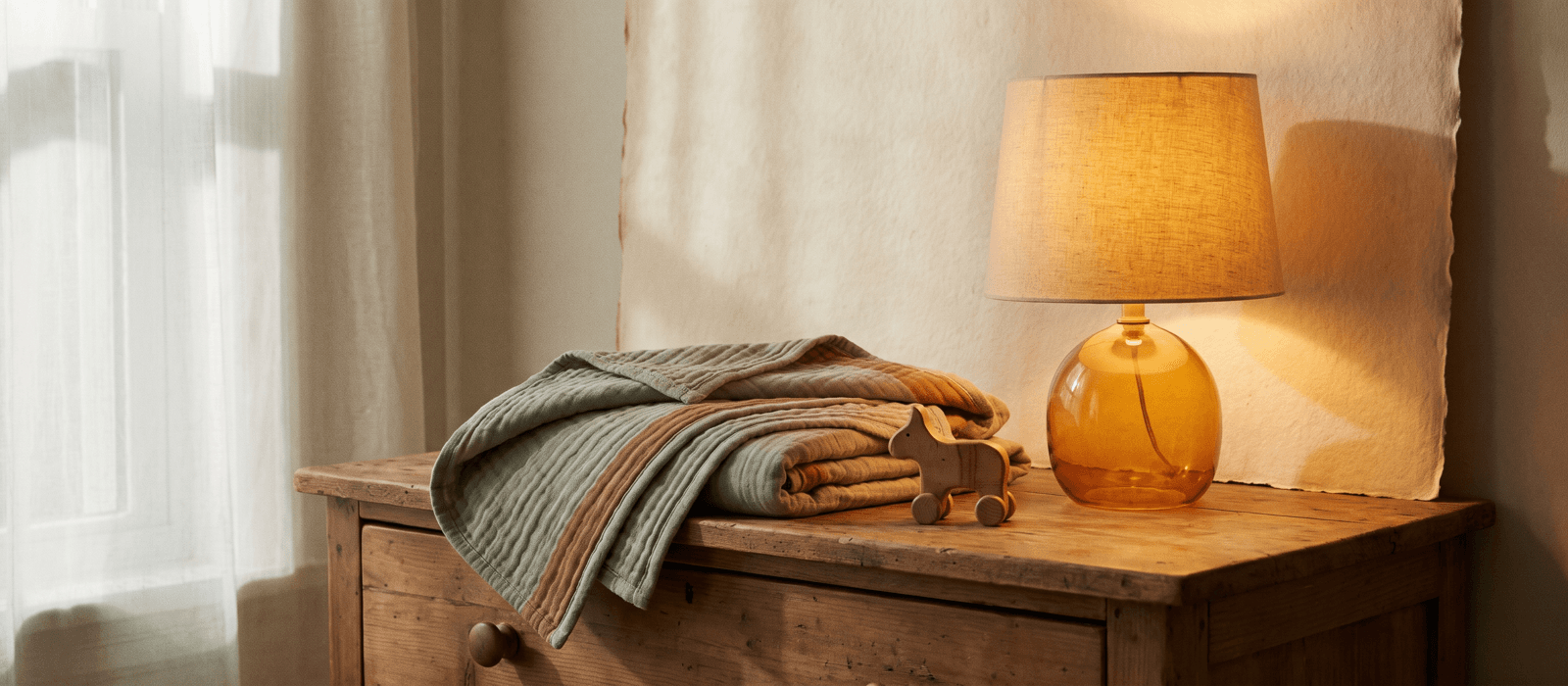 Soft muslin blanket, wooden toy, and a warm lamp on a dresser