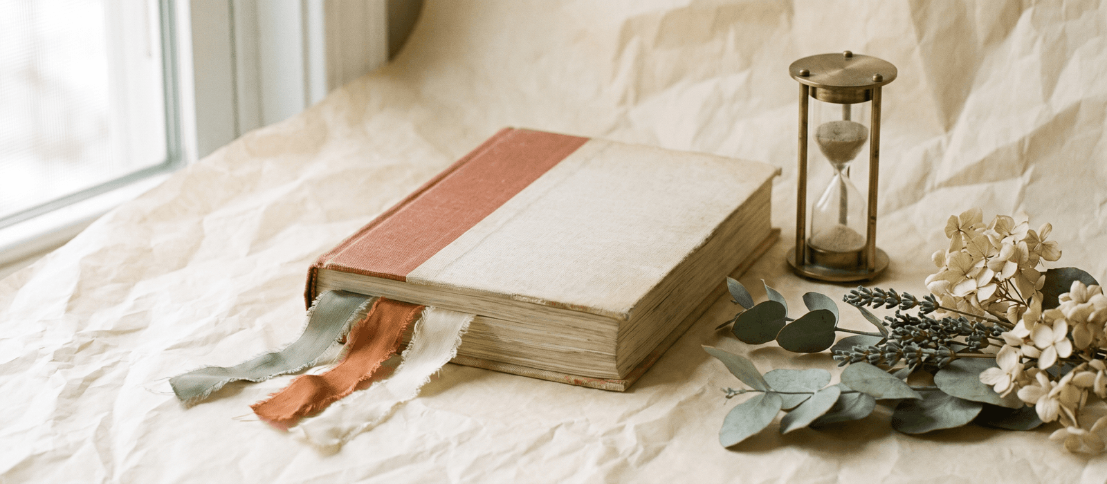 Journal with ribbon bookmarks beside a small hourglass and botanicals