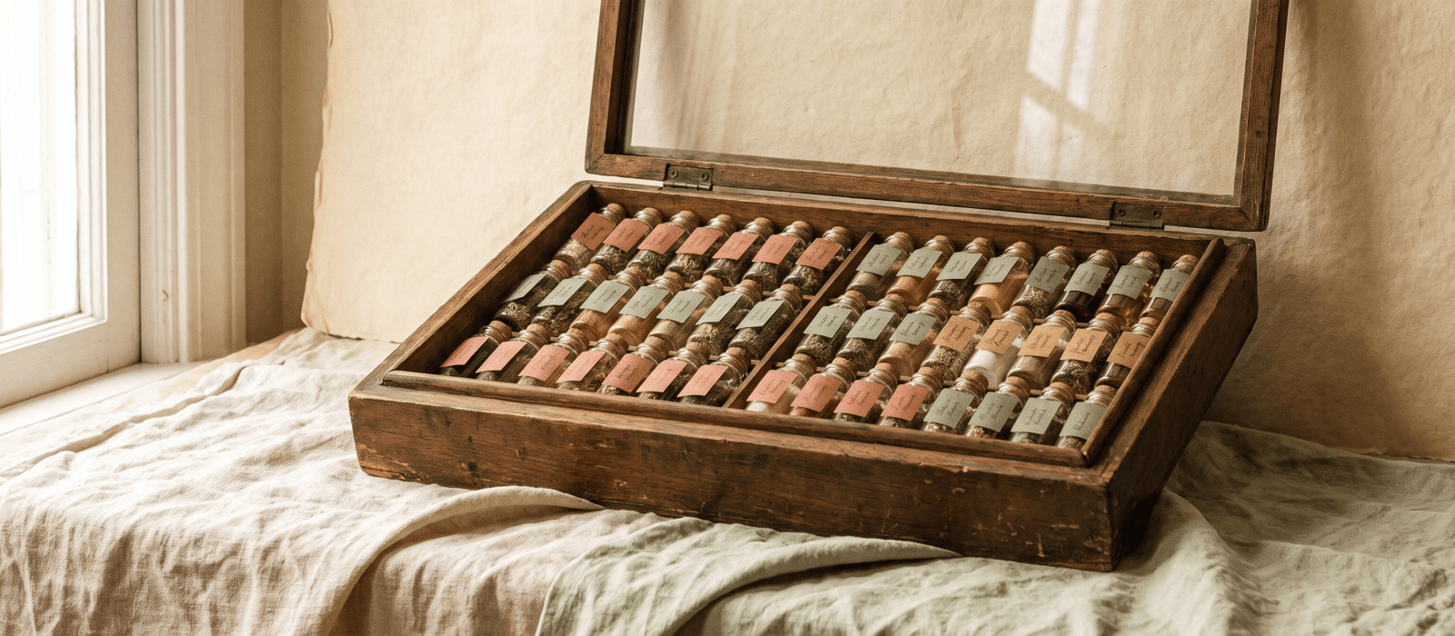 Wooden case with rows of small corked glass vials on folded linen