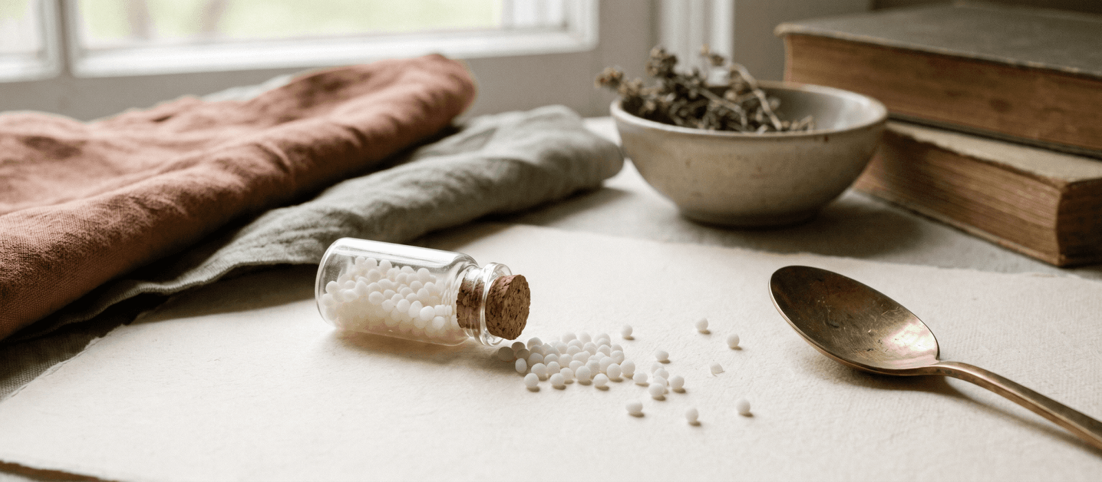 Tiny white pellets spilling from a corked vial with a brass spoon